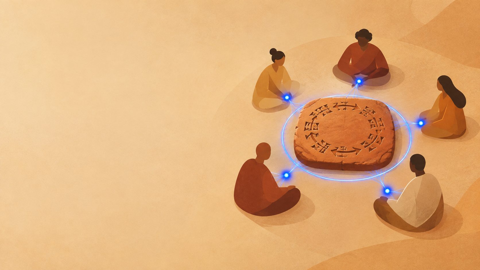 Illustration: Eine Tontafel mit keilförmigen Zeichen in Form eines Kreislaufs, umgeben von fünf Figuren, die jeweils einen blauen Lichtpunkt vor sich haben.